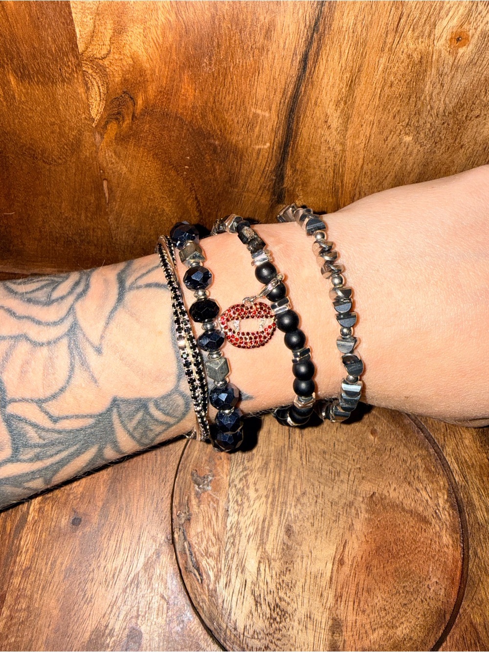 Layered Black Beaded Bracelet Set with Red Lip Charm